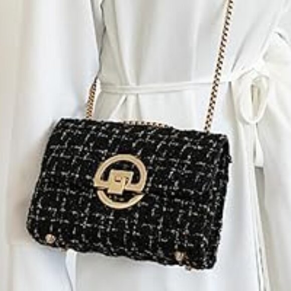 Neiman Marcus Tweed Black Small  Quilted Chain Crossbody Clutch - Picture 2 of 3